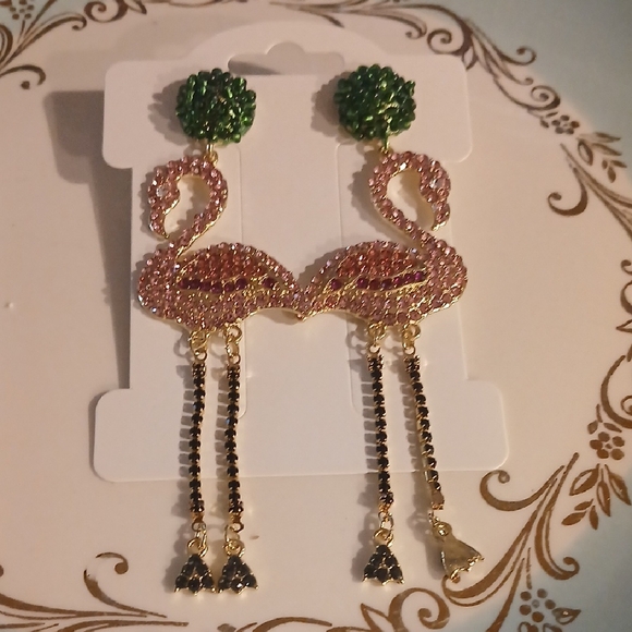 Jewelry - Rhinestone Extra Long Flamingo Earrings with Green and Pink Accents
